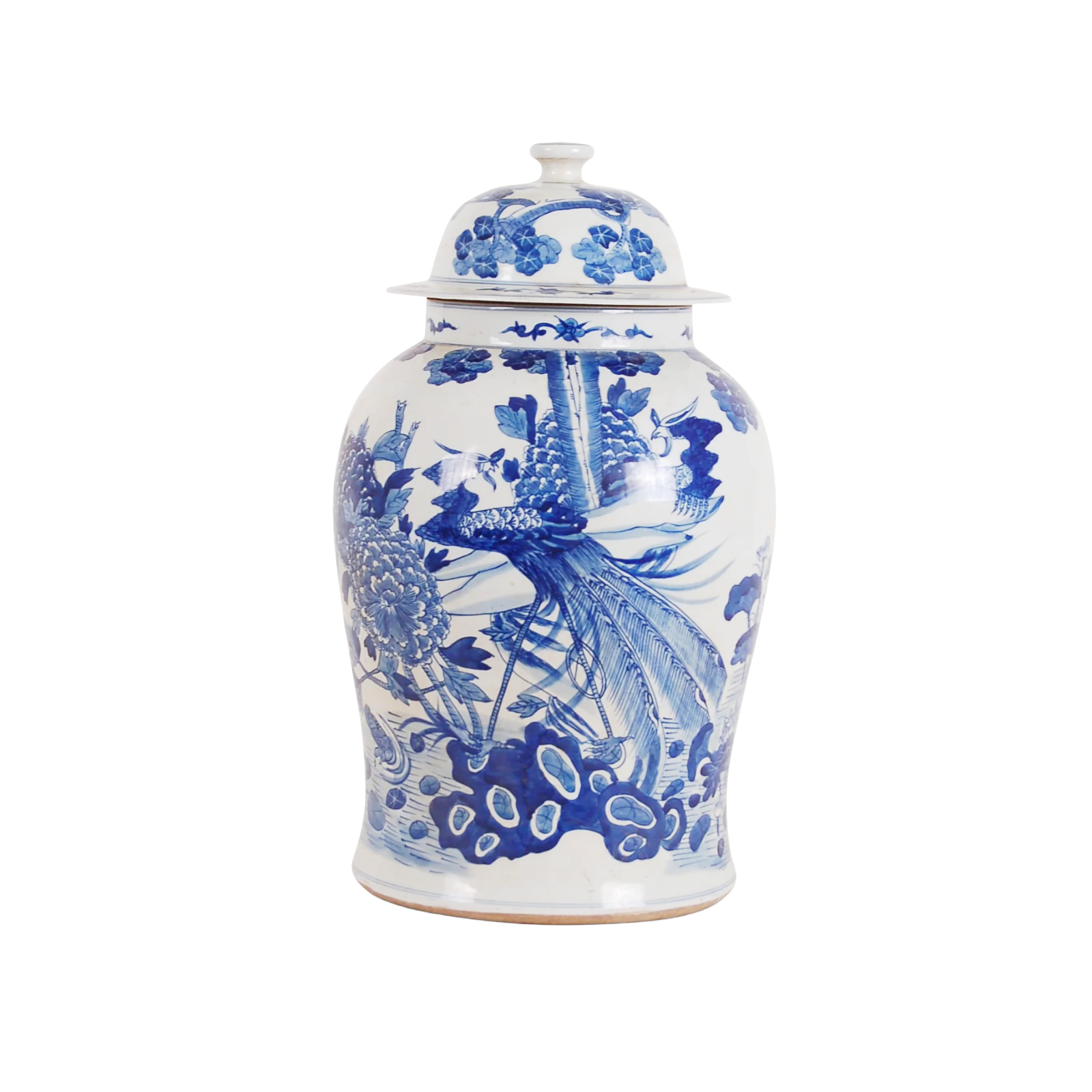 Blue and white ceramic jar with floral design on a white background