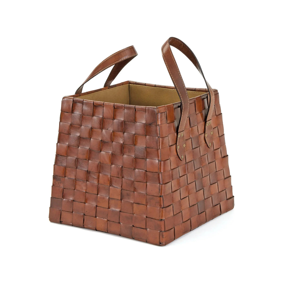 Brown woven handbag with handles on a white background
