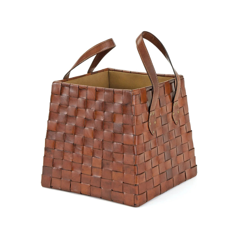 Brown woven handbag with handles on a white background