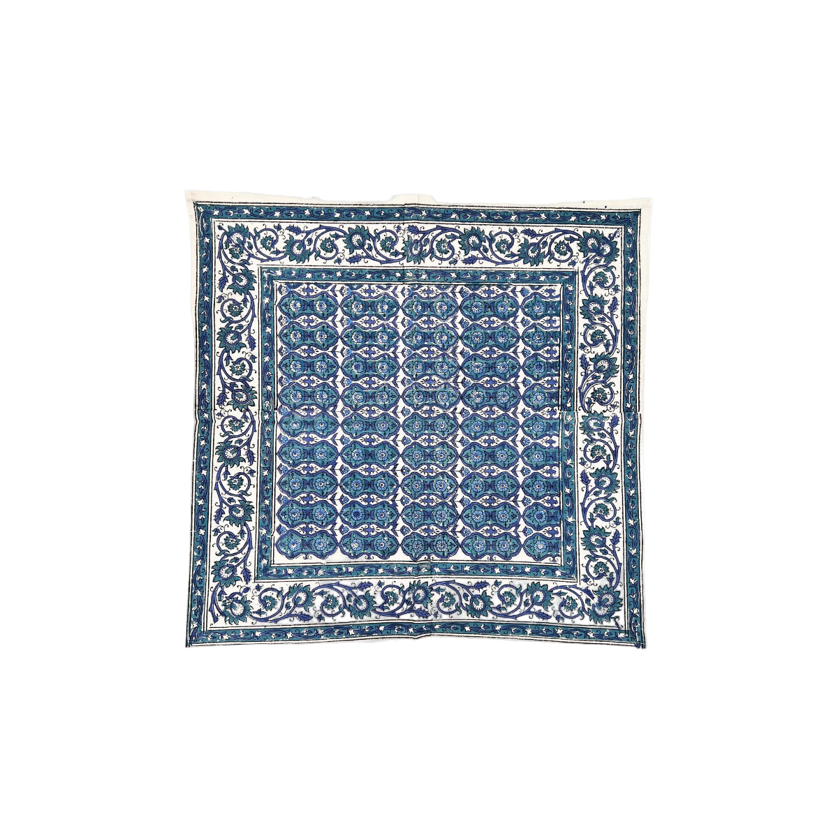 Blue and white patterned napkin on a white background