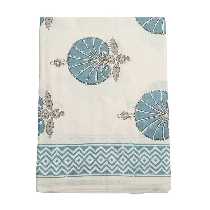 Decorative towel with blue and gray patterns on a white background