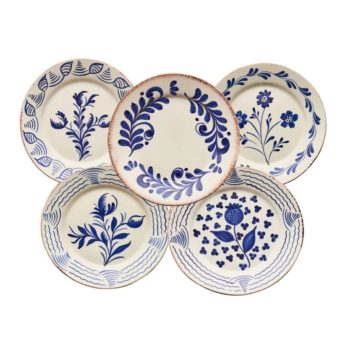 Set of five ceramic plates with blue floral and geometric patterns on a white background