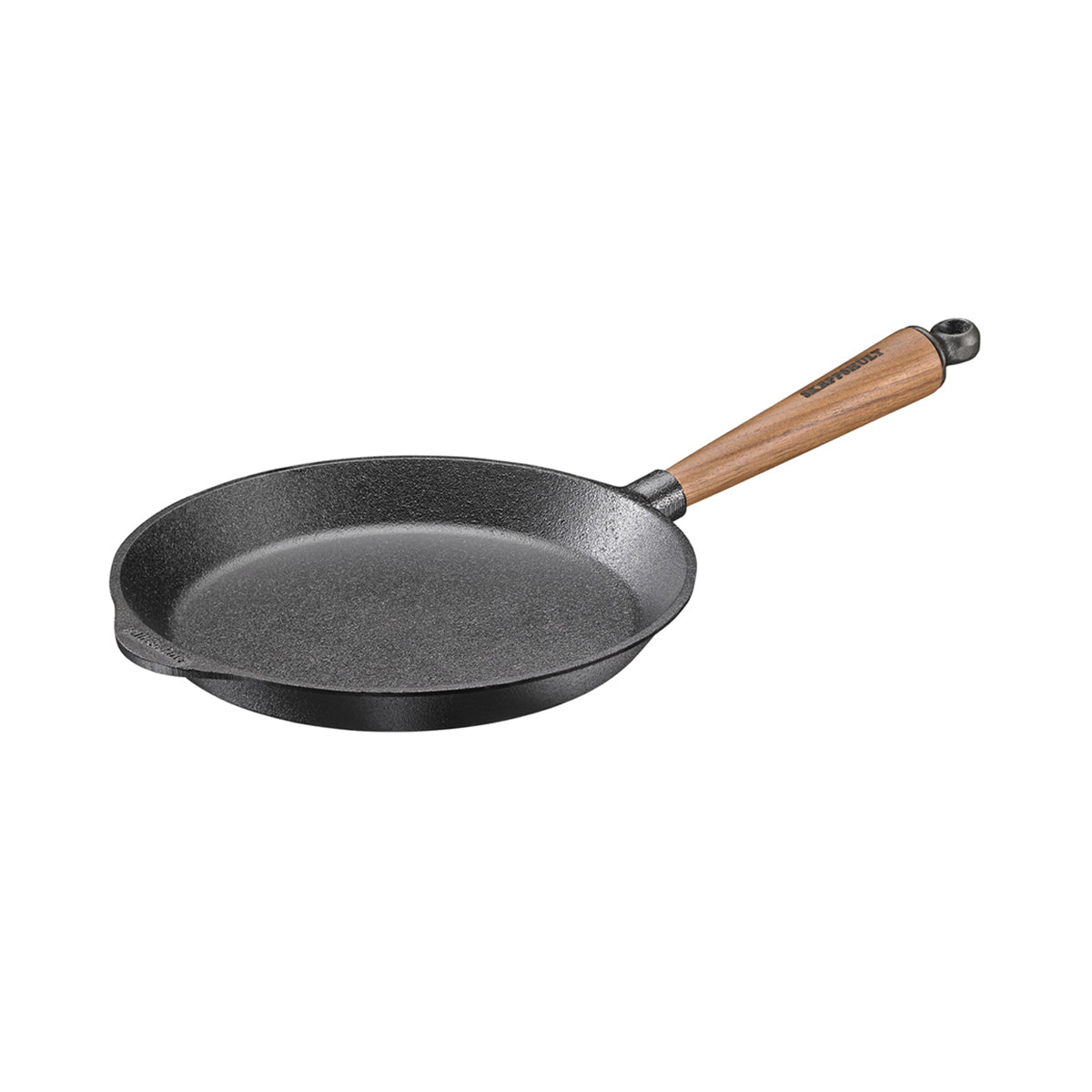 Black frying pan with a wooden handle on a white background