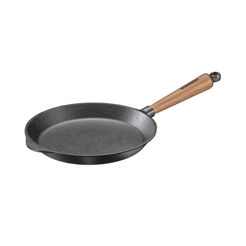 Black frying pan with a wooden handle on a white background
