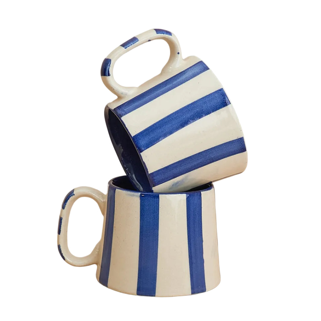 Ceramic Dark Blue Stripe Coffee Cup - 220ml - Set of 4