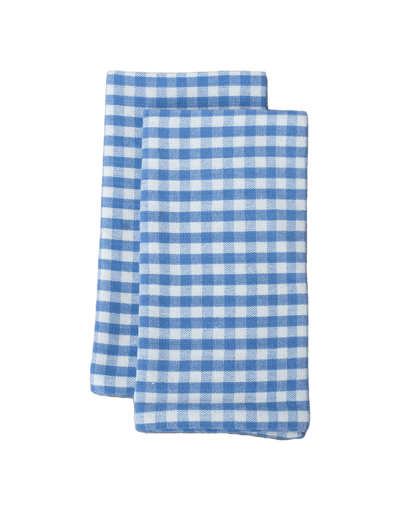 Two blue and white checkered napkins on a white background