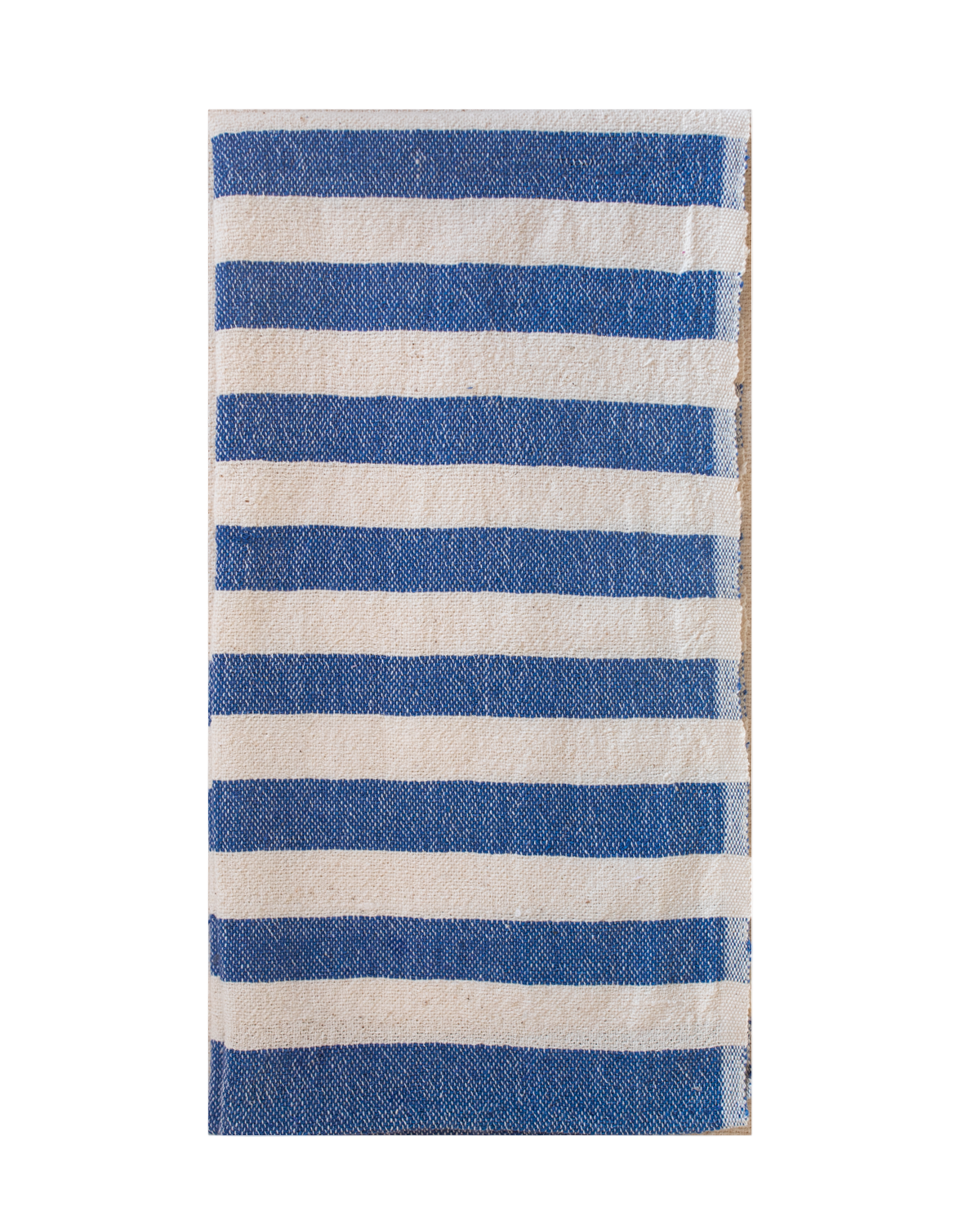 Striped towel with blue and white horizontal stripes on a white background