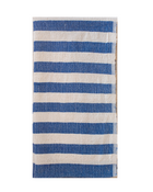 Striped towel with blue and white horizontal stripes on a white background