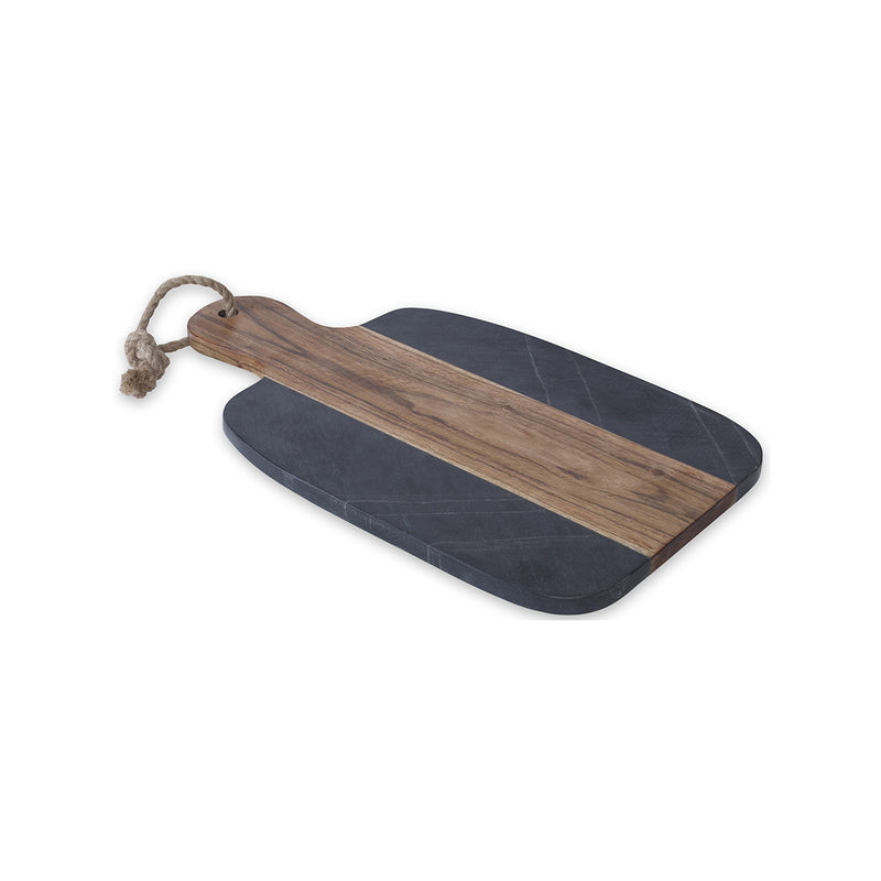 Two-tone cutting board with wooden and black slate surfaces on a white background