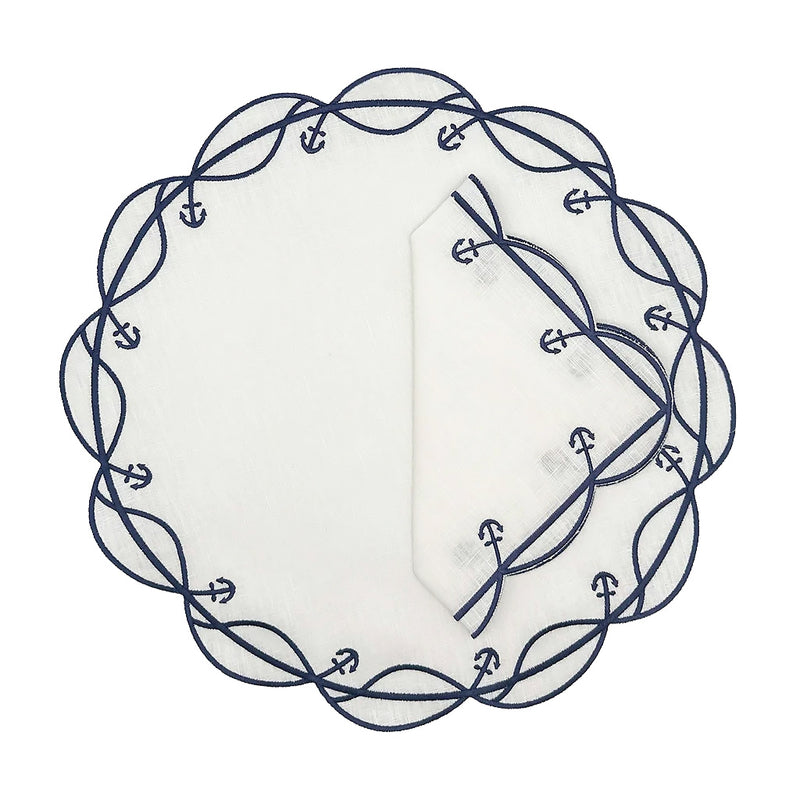 Decorative plate with navy blue anchor pattern on a white background
