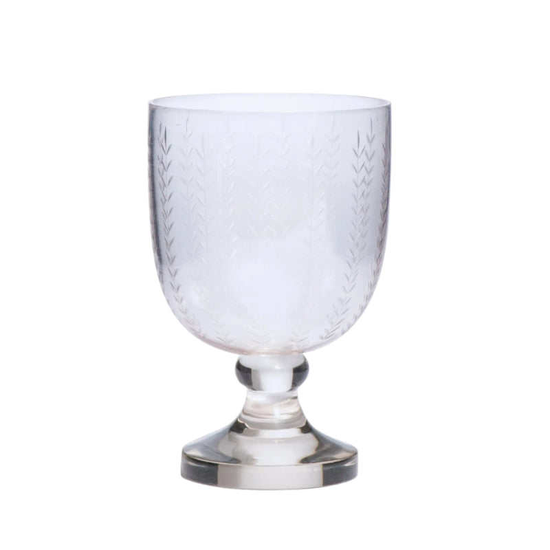 Clear glass goblet with textured design and metallic base on a white background