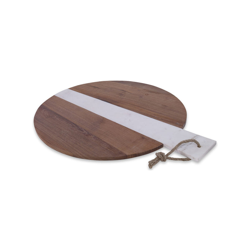 Wooden round cutting board with a white stripe and rope handle on a white background