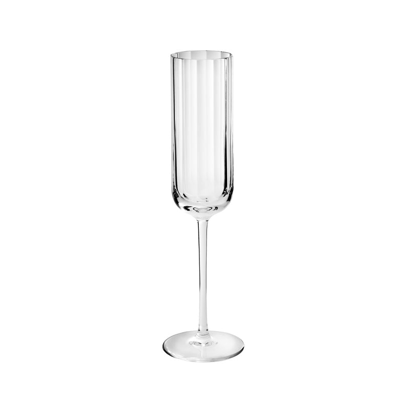 Clear champagne flute on a white background