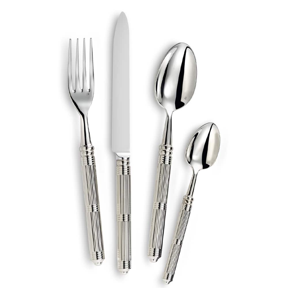 A set of silver flatware with a reflective finish and decorative detailing on the handles, including a dinner knife, dinner fork, soup spoon, and teaspoons.