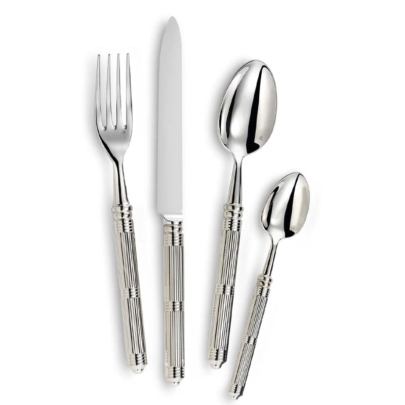 A set of silver flatware with a reflective finish and decorative detailing on the handles, including a dinner knife, dinner fork, soup spoon, and teaspoons.