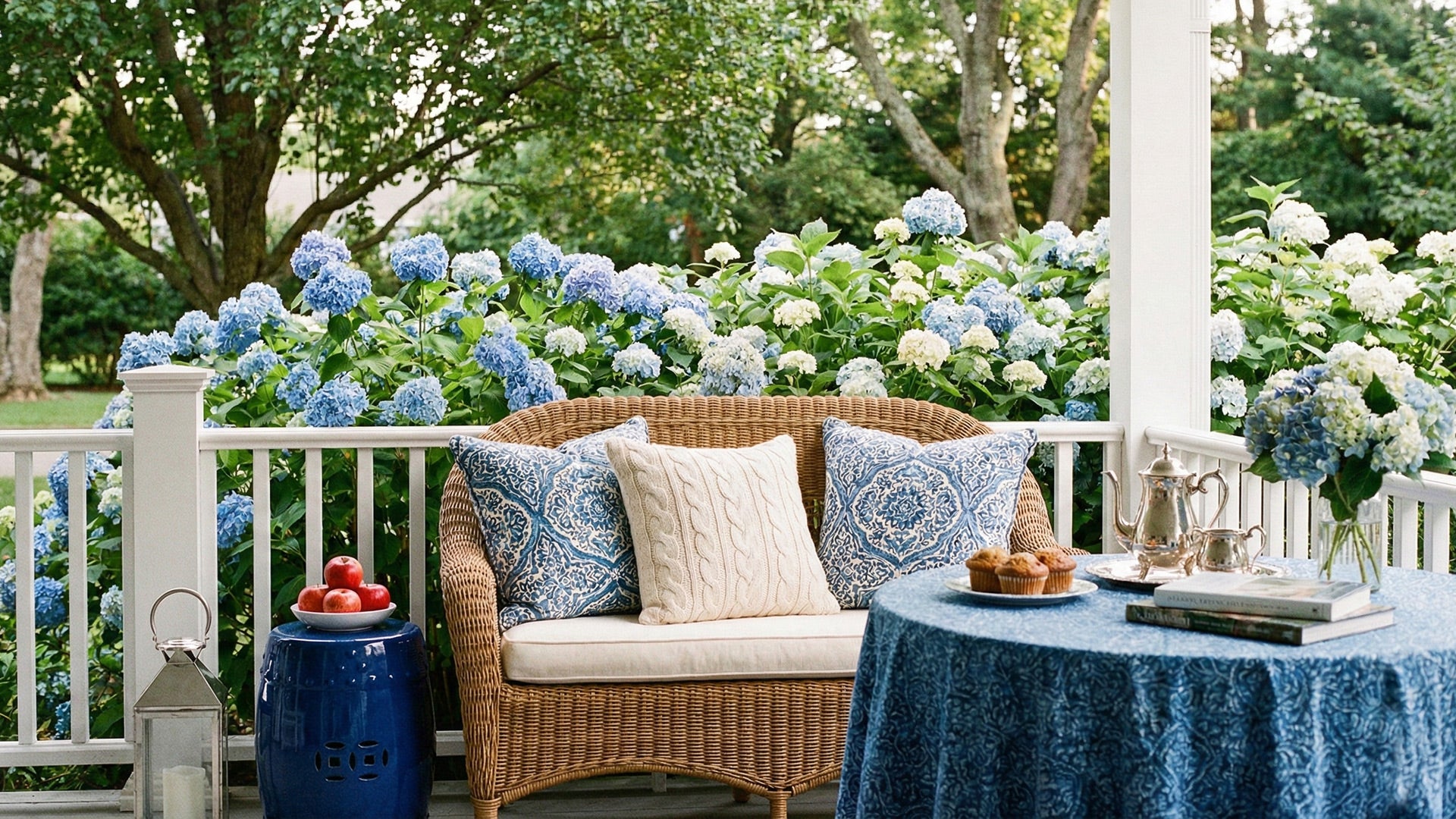 A cozy porch setup featuring a wicker loveseat with blue and white pillows, a tea tray on a patterned table, and a view of lush blue hydrangeas in the background.