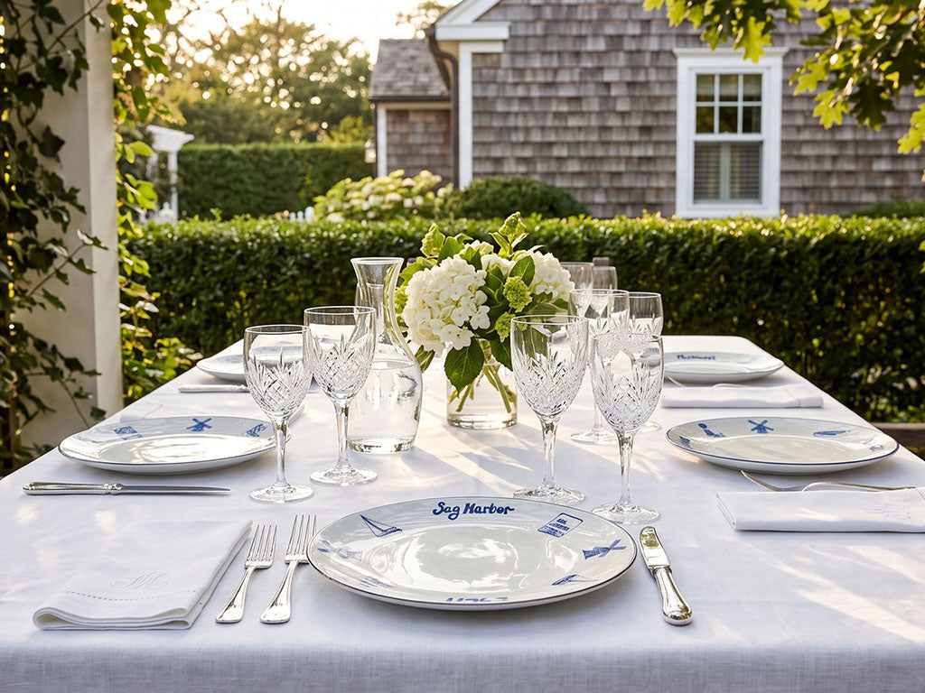 A beautifully set outdoor dining table with white tablecloths, blue and white 'Sog Harbor' ceramic plates, clear cut-crystal wine glasses, silver flatware, and a white hydrangea centerpiece, set against a background of a house and green hedges.