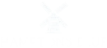 A blue windmill graphic above the words 'HAMPTONS BLUE' in blue serif lettering on a white background.
