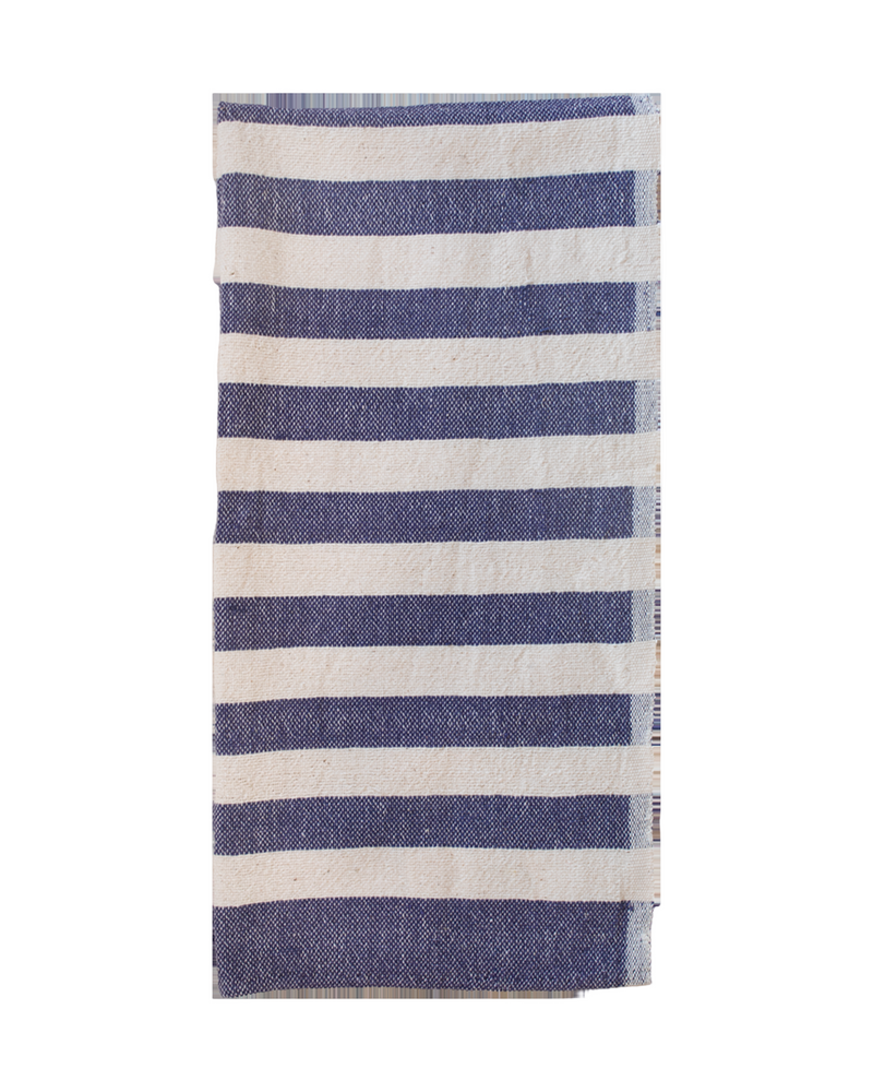Striped fabric with blue and white horizontal stripes on a white background
