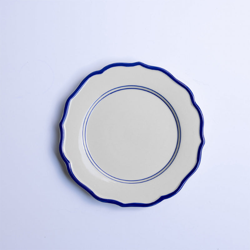 White plate with blue rim on a light purple background