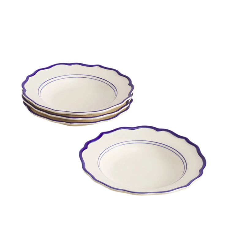Set of 4 white ceramic pasta bowls with blue rim details