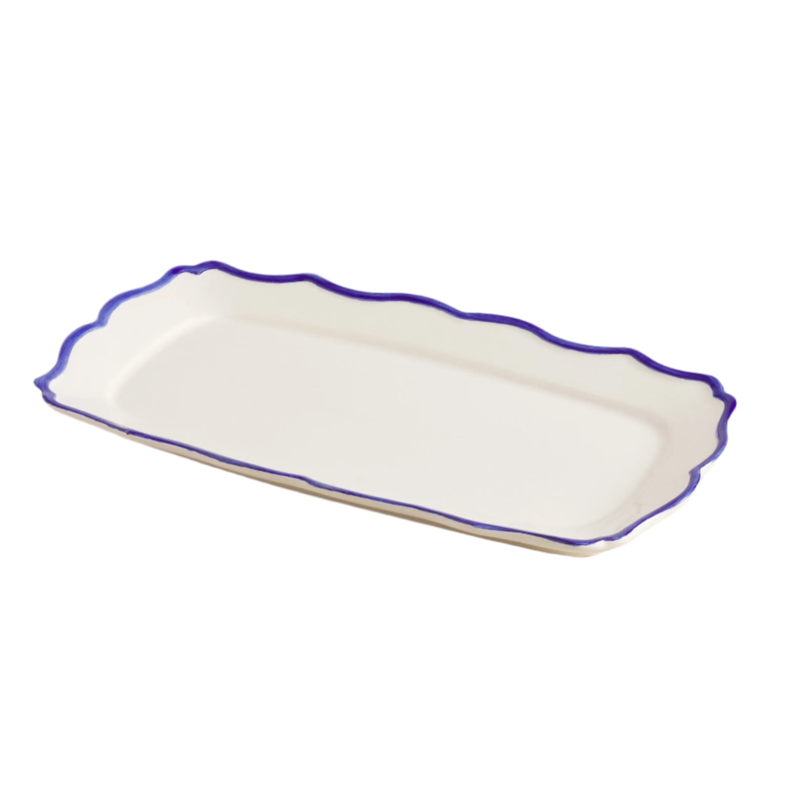 White rectangular platter with blue rim