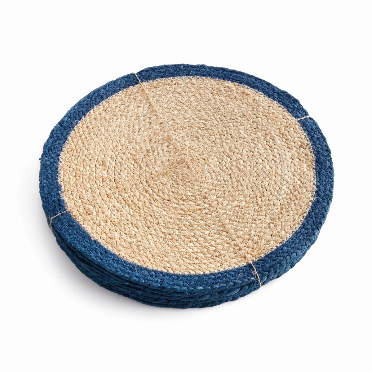 Round woven mat with blue border on a white background