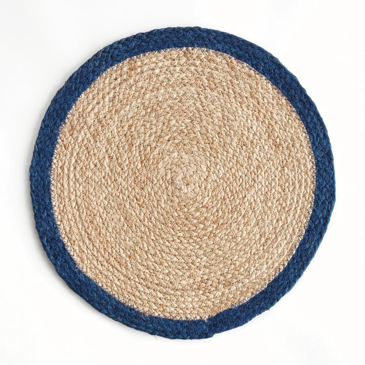 Round woven mat with blue border on a white background