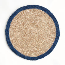 Round woven mat with blue border on a white background