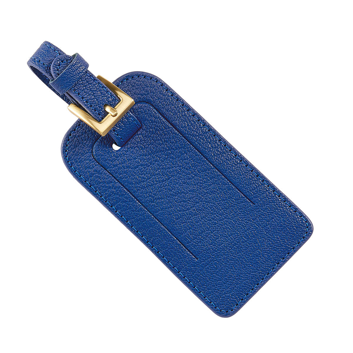 Blue leather luggage tag with a gold buckle on a white background