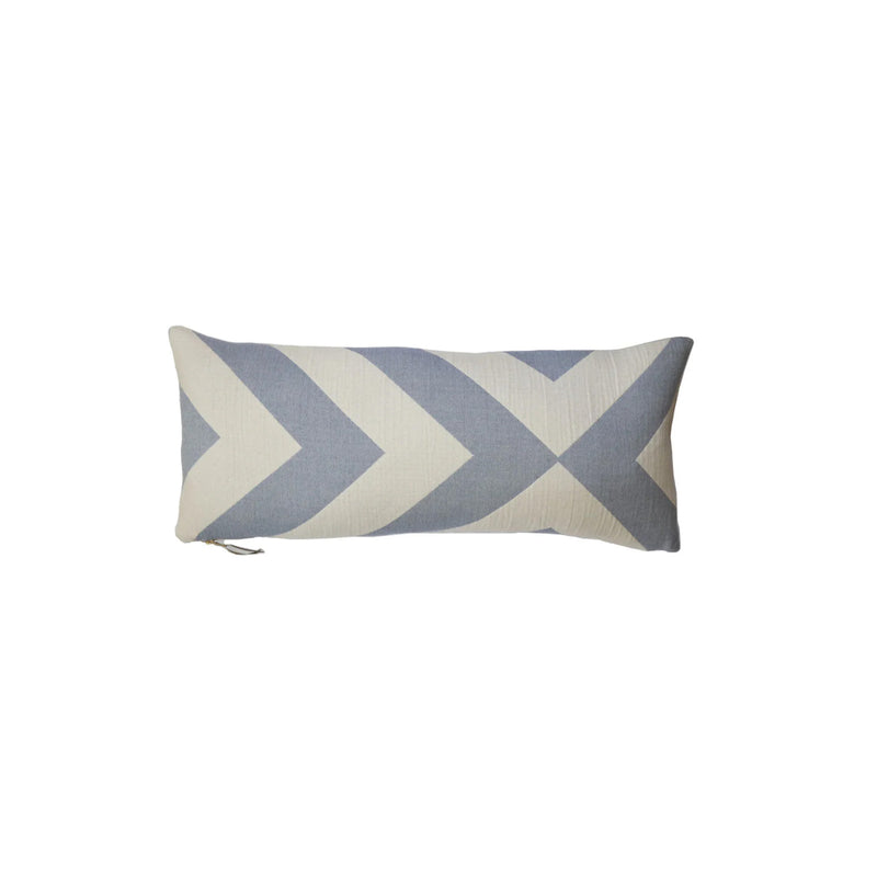 Rectangular pillow with blue and beige zigzag pattern on a white background