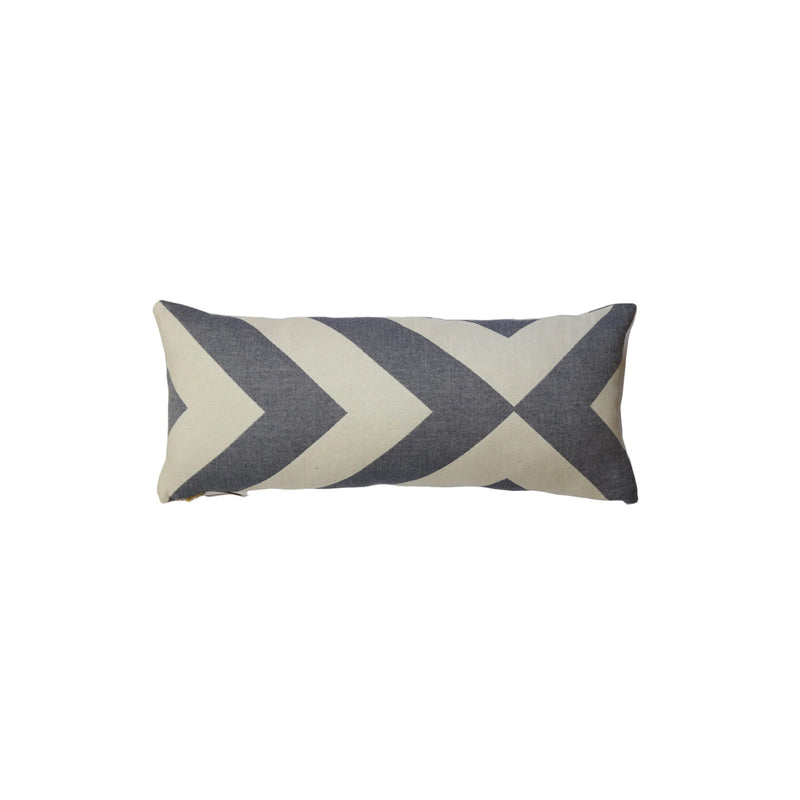 Rectangular pillow with gray and white chevron pattern on a white background