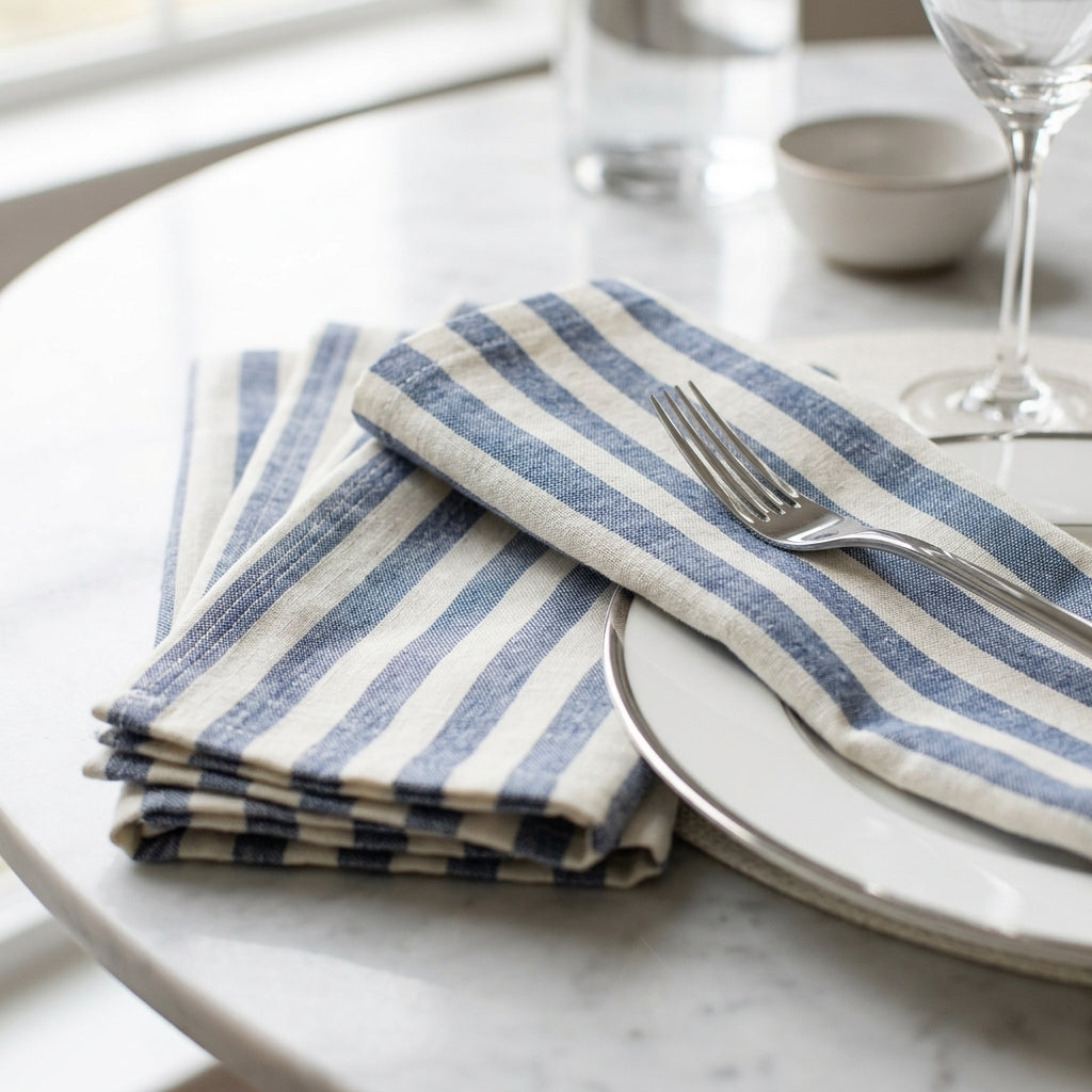 Lagoon Linen Napkins, White with Blue - Set of 4