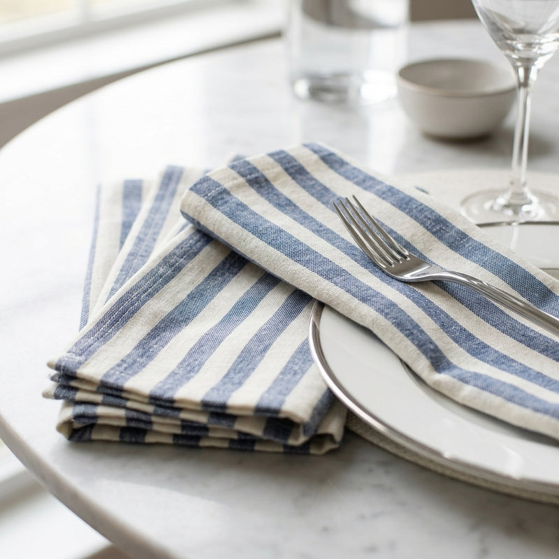 Lagoon Linen Napkins, White with Blue - Set of 4