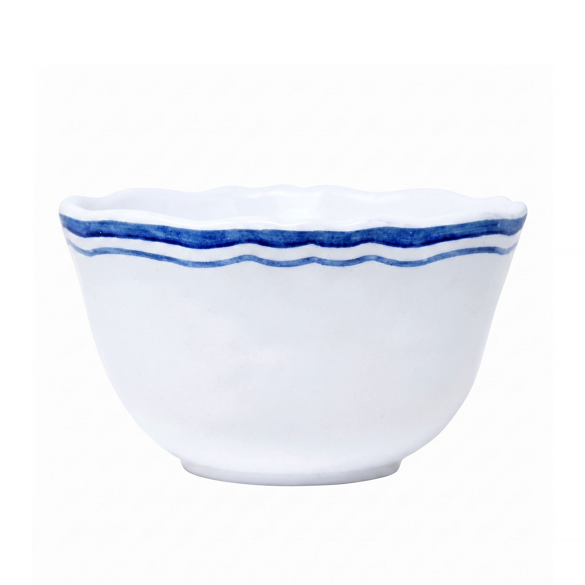 White ceramic bowl with blue decorative rim on a white background