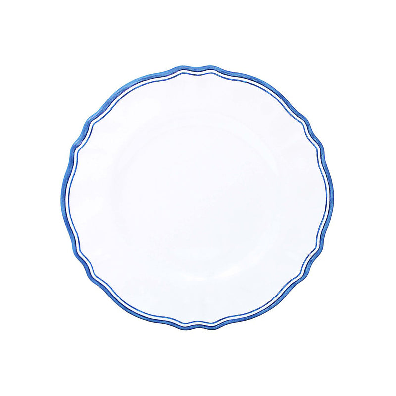 Round blue border white melamine plate on a white background
