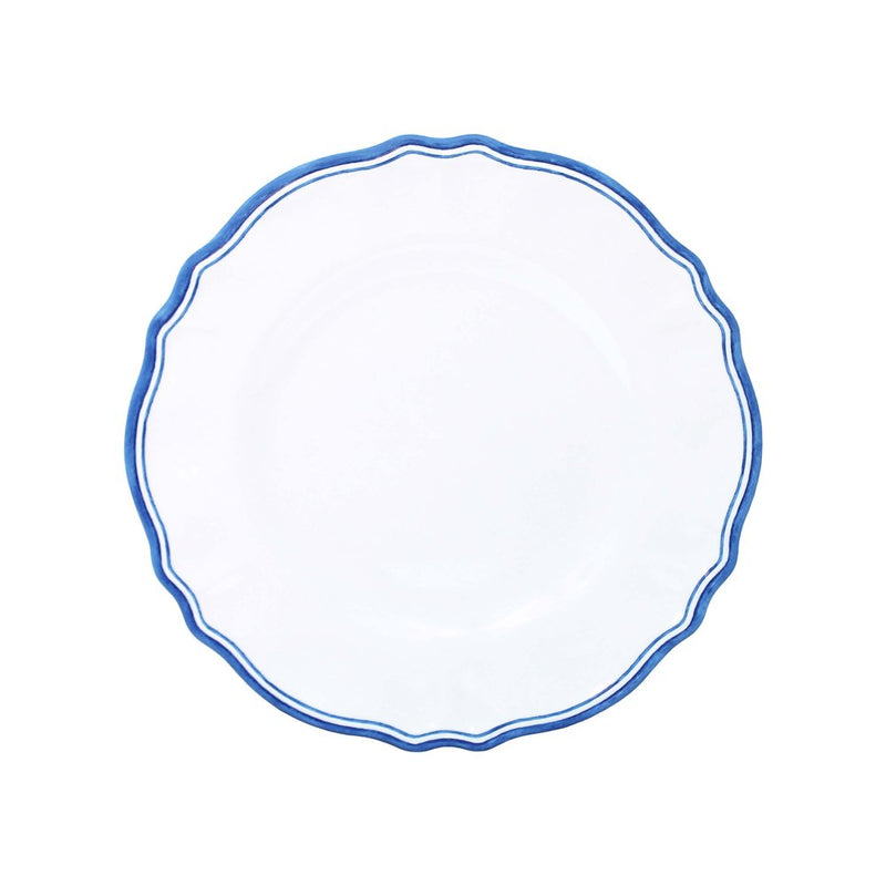 Round white melamine salad plate with blue rim on a white background
