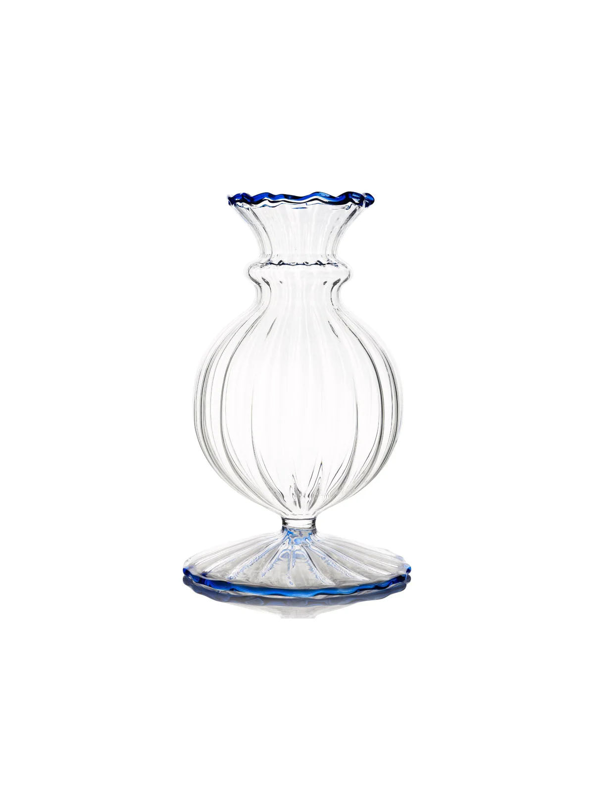 Clear glass vase with blue rim and base on a white background