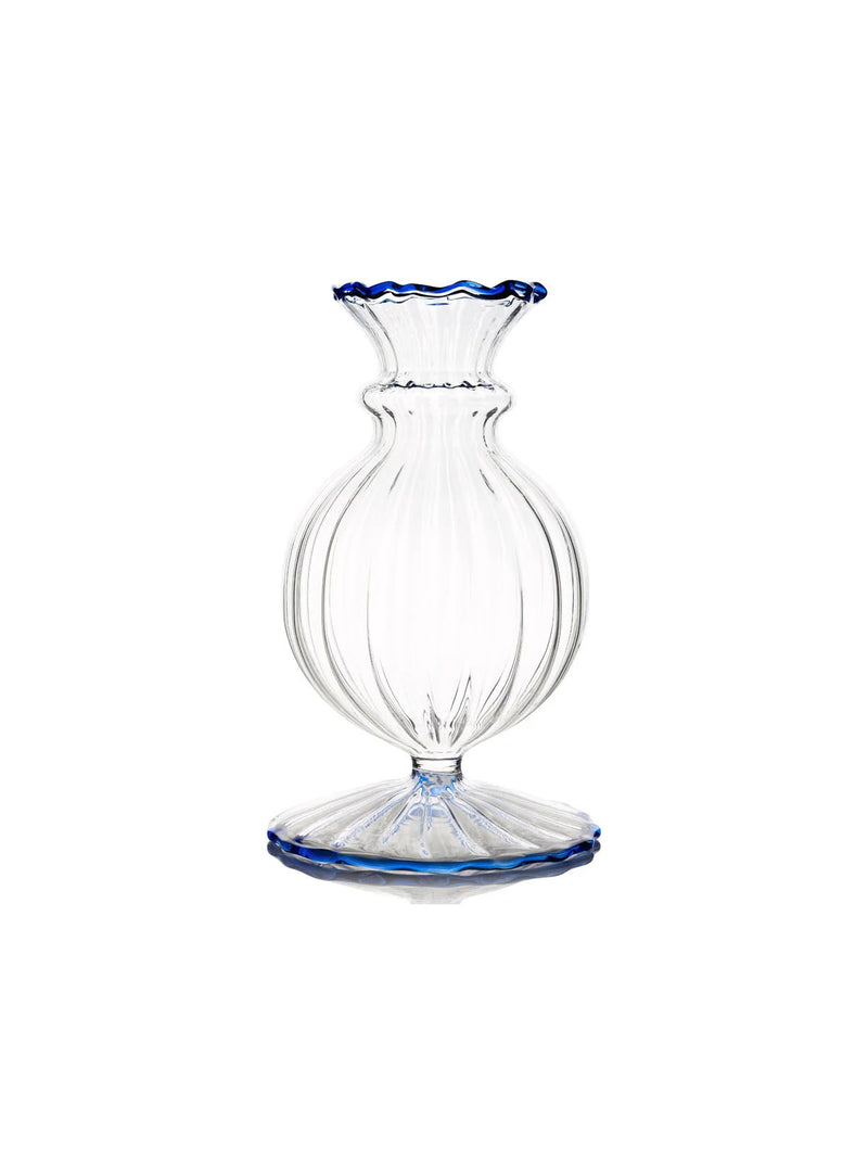 Clear glass vase with blue rim and base on a white background