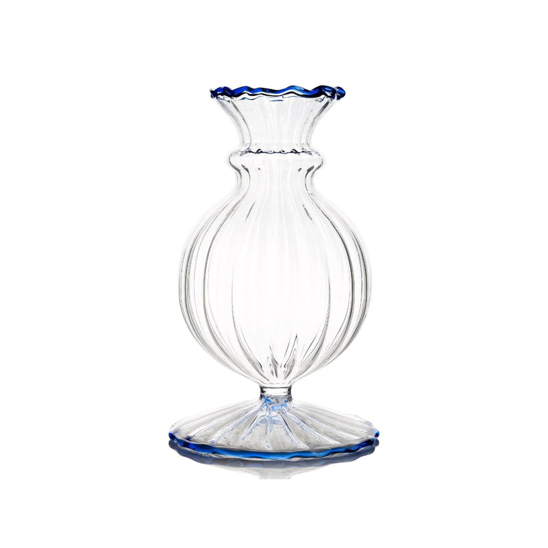 Clear glass vase with blue rim and base on a white background