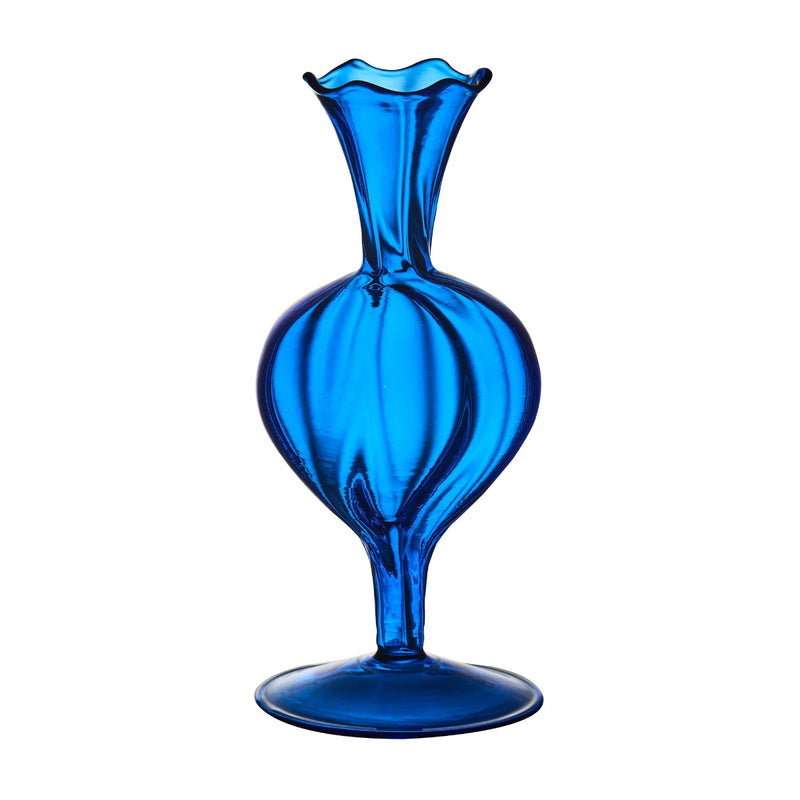Blue glass vase with a unique design on a white background