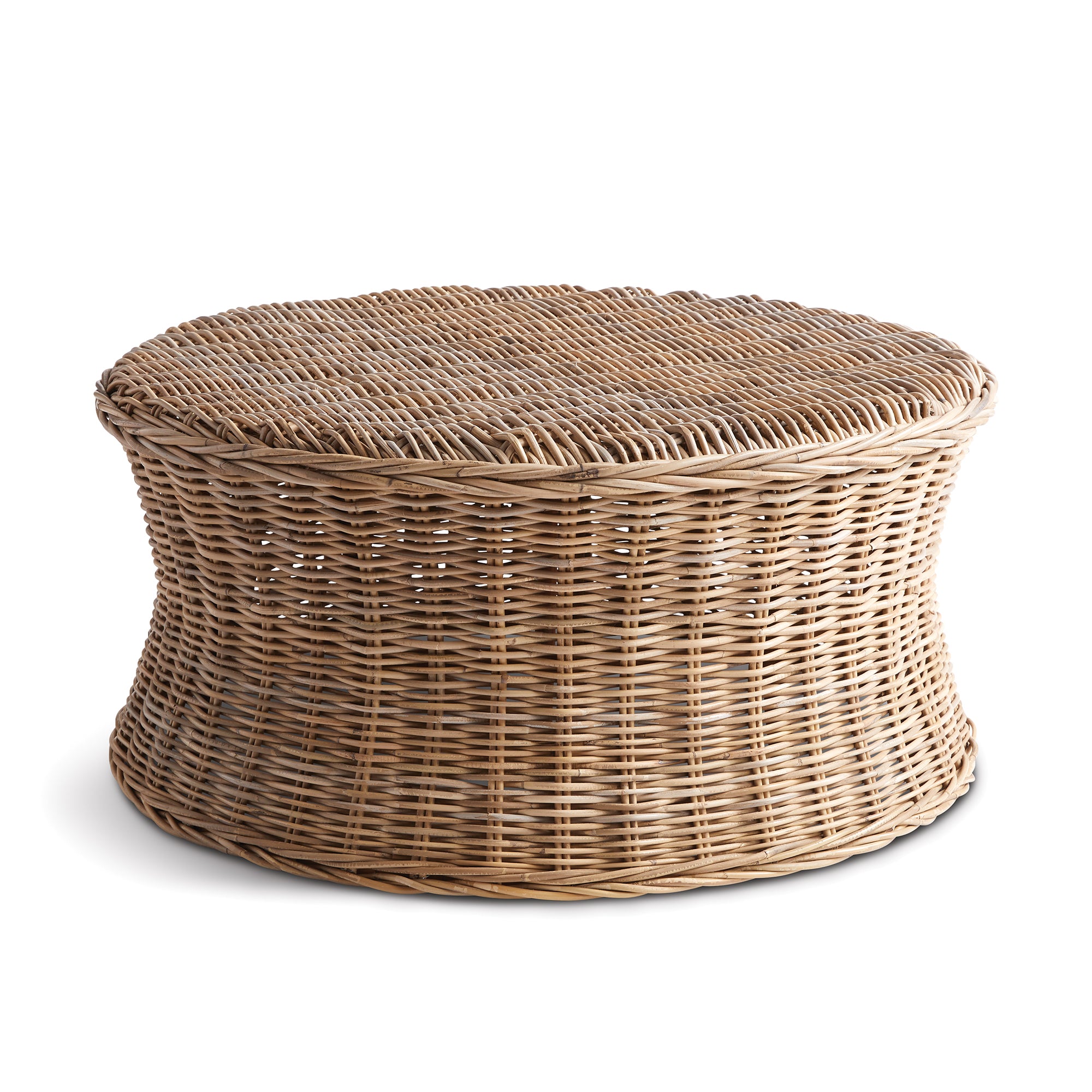 Woven wicker round stool on white background