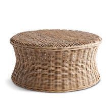 Woven wicker round stool on white background