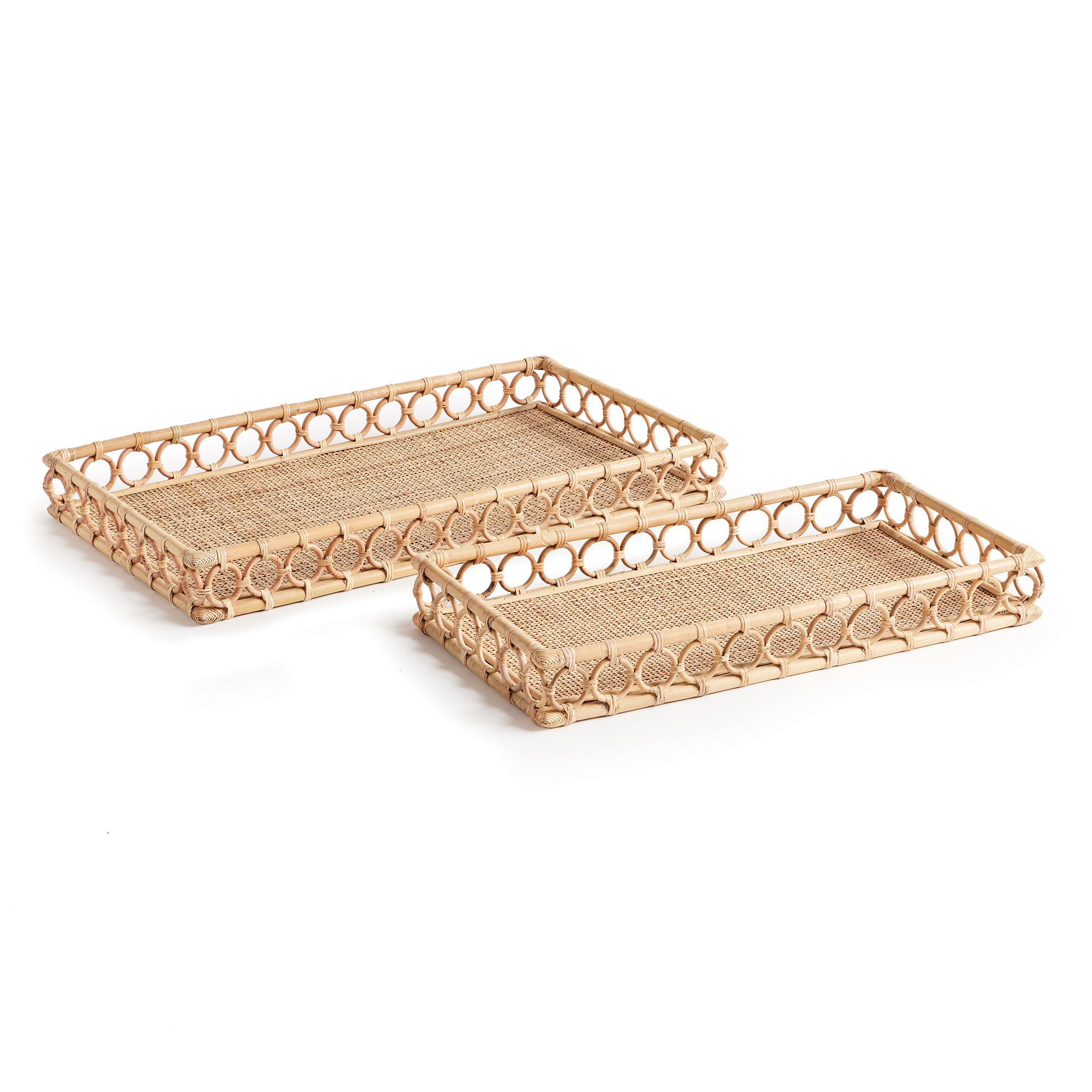 Two rectangular woven trays with circles around edge on white background