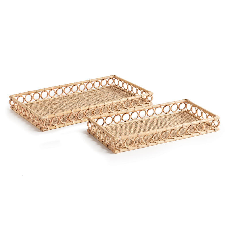 Two rectangular woven trays with circles around edge on white background
