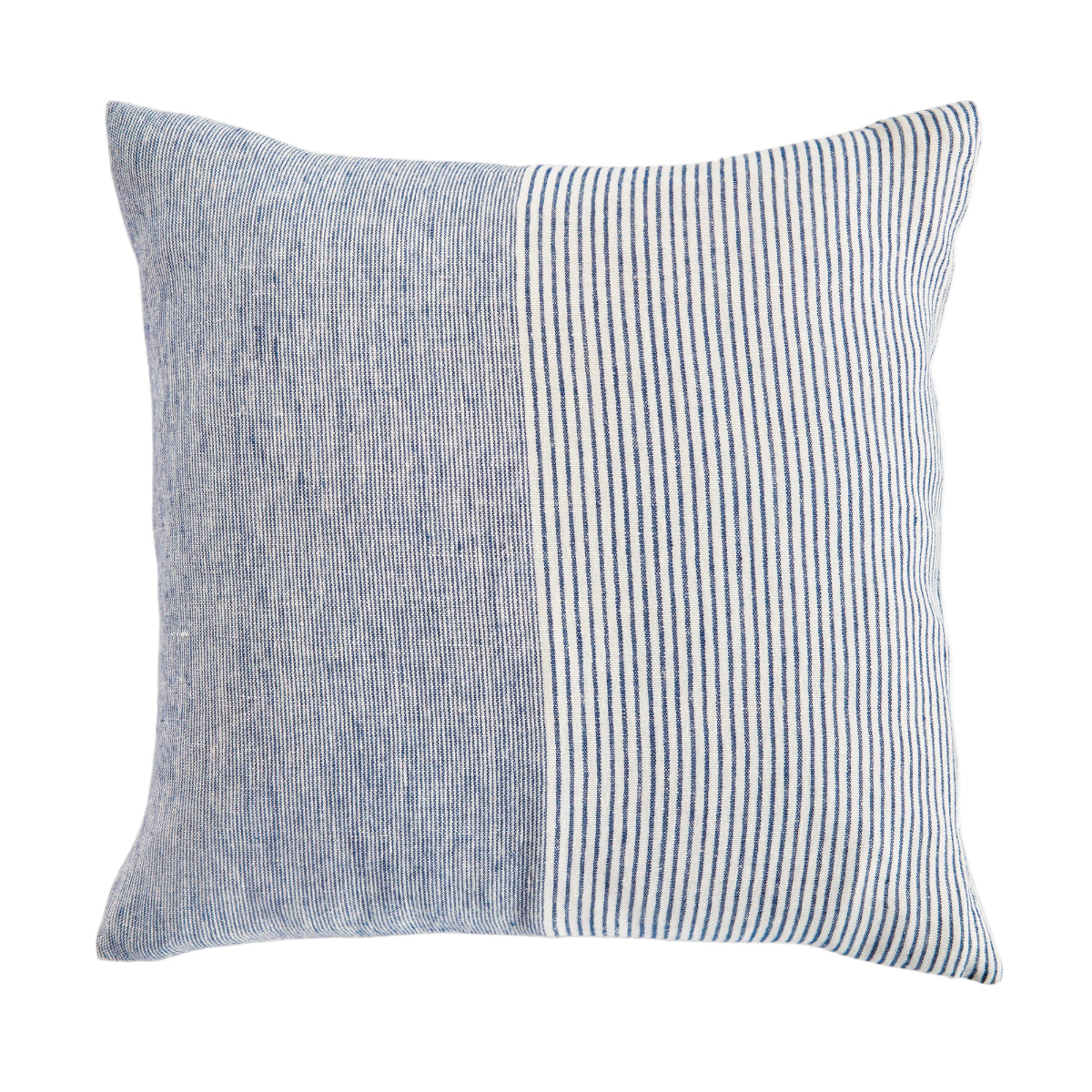 Square pinstripe pillow in blue and white on a white background