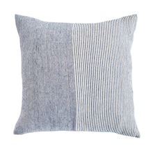 Square pinstripe pillow in blue and white on a white background