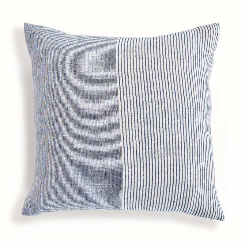 Square pinstripe pillow in blue and white on a white background