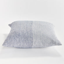 Square pinstripe pillow in blue and white on a white background