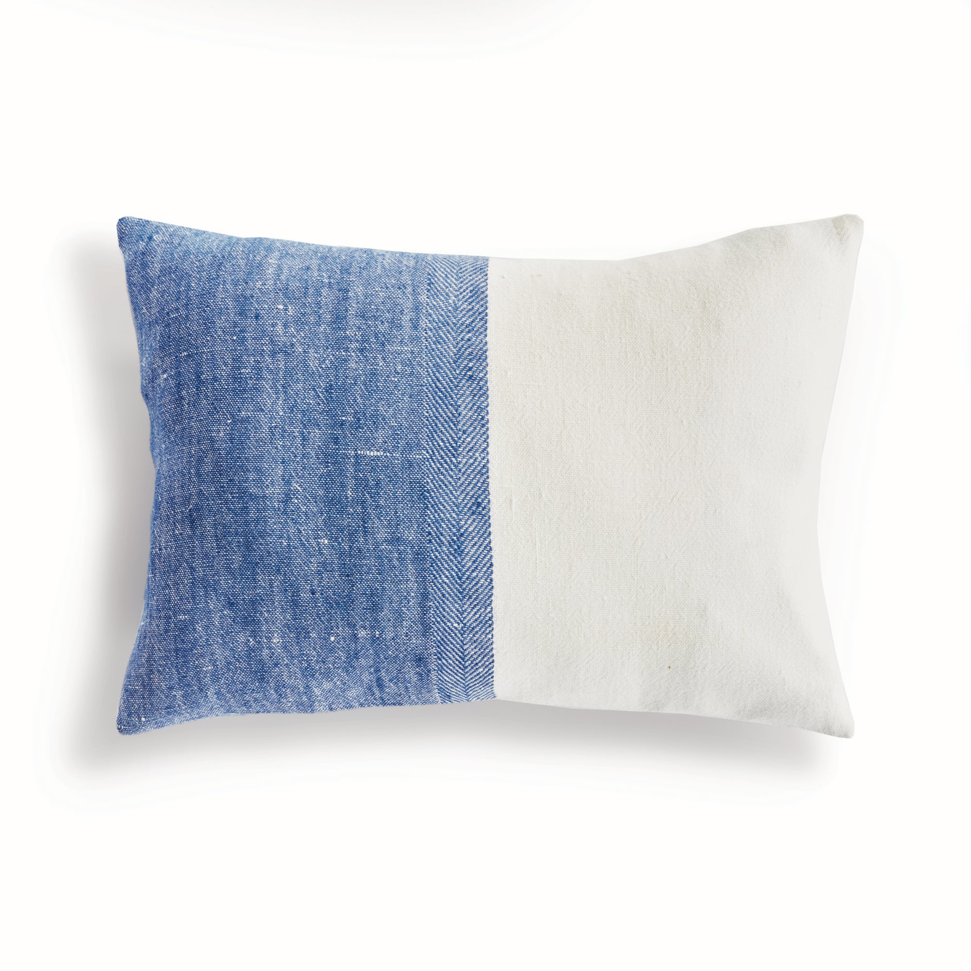 Half blue and half white rectangular pillow on white background